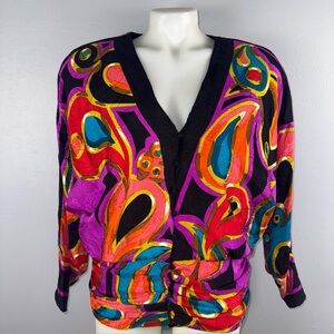 Vintage Brijo Blouse Women’s 10 Abstract Print Button Up Padded Shoulder *READ